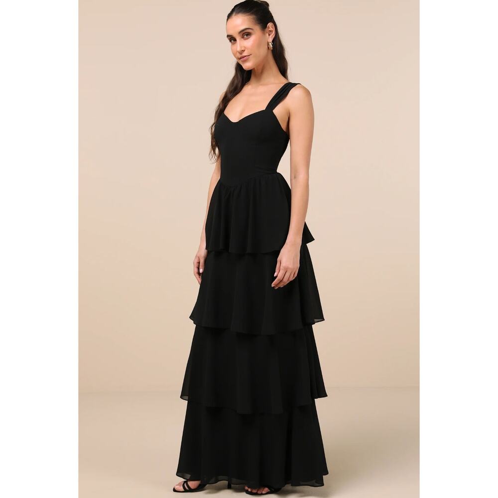 Lulus Carlynda Black Tiered Bustier Chiffon Basque Waist A Line Maxi Dress M - Picture 4 of 14